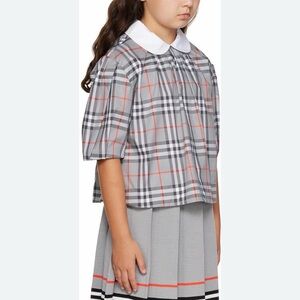 Burberry Kids Gray and Red Checkered Blouse with White Collar